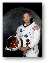 Photo of Neil Armstrong, July 1969, in space suit with the helmet off